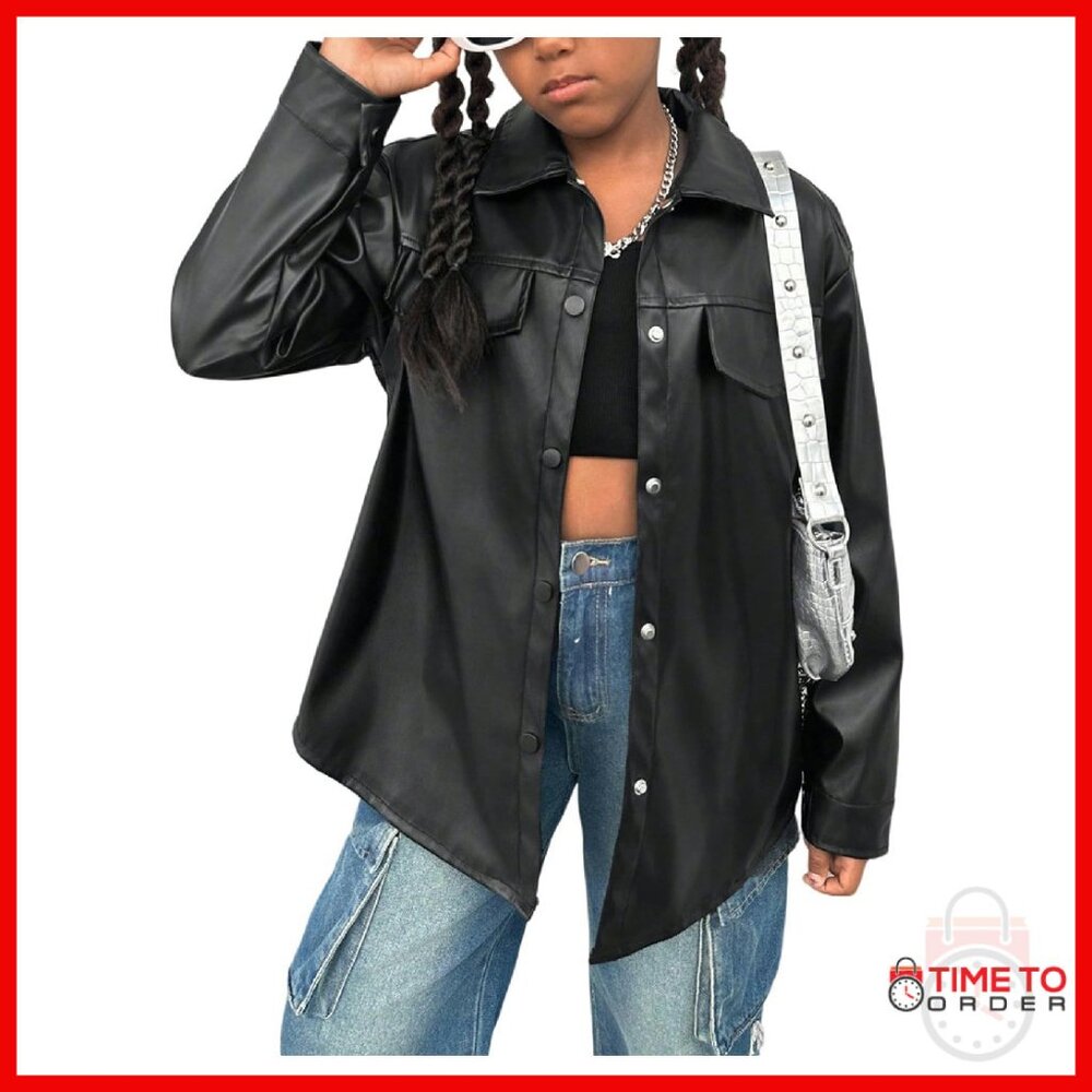 Girls Faux Leather Motorcycle Jacket Tie Belt Button Up Fall Outerwear